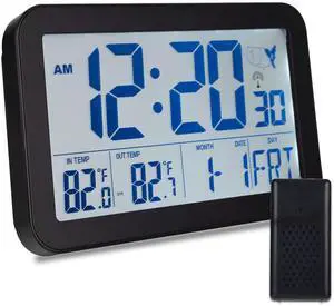 Backlight Digital Wall Clock with Outdoor and Indoor Temperature - 8.8 Inch Self-Setting Wireless Atomic Clock Battery Operated - Easy to Read and Set, Auto DST