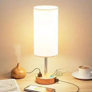 _Mega Brand Bedside Table Lamp for Bedroom - 3 Way Dimmable Touch Lamp USB C Charging Ports and AC Outlet, Small Lamp Wood Base Round Flaxen Fabric Shade for Living Room, Desk, LED Bulb Included
