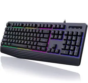 _Mega Brand Gaming Keyboard, 7-Color Rainbow LED Backlit, 104 Keys Quiet Light Up Keyboard, Wrist Rest, Whisper Silent, Anti-ghosting Multimedia Keys, Waterproof USB Wired Keyboard for PC Mac Xbox