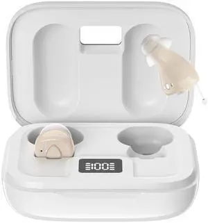 Invisible Hearing Aids for Seniors with Crystal Sound, Digital In-the-Ear Discreet & Comfortable Fit Hearing Aids with Intelligent Noise Reduction, One Button Control, Lasts Up to 100 Hours (Beige)
