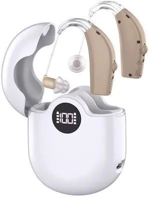 _Mega Brand Hearing Aids, Rechargeable Hearing Aids for Seniors, Hearing Amplifiers with Noise Cancelling & Volume Control-Hearing Aid Loss Amplifier Seniors & Adults Charging Case-Beige