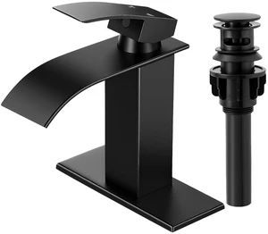 Matte Black Bathroom Faucet with Waterfall Spout and Pop-up Drain | SUS 304 Stainless Steel, Single Handle, 1 or 3 Hole Sink, Vanity Faucet, Deck Plate, Supply Hoses, NSF372 NSF61 cUPC Matte Black Bathroom Faucet with Waterfall Spout and Pop-up Drain | SUS 304 Stainless Steel, Single Handle, 1 or 3 Hole Sink, Vanity Faucet, Deck Plate, Supply Hoses, NSF372 NSF61 cUPC