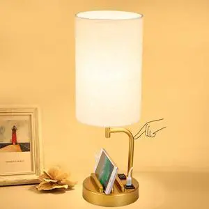 _Mega Brand Touch Control USB Table Lamp, Upgraded 3-Way Dimmable Bedside Desk Lamp with USB C & A Charging Ports and AC Outlet, Nightstand Lamp for Bedroom, Dimmable Bulb Included, Gold