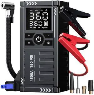_Mega Brand Car Battery Jump Starter with Air Compressor - 4500A 150PSI Portable Car Jump Starters with Tire Inflator, 12V Car Battery Jump Box with Jumper Cables, LCD Display, LED Light