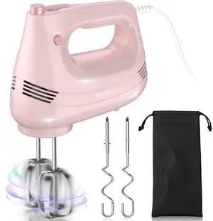 _Mega Brand Electric Hand Mixer with Stainless Steel Whisk, Dough Hook Attachment and Storage Bag, Handheld Mixer for Baking Cakes, Eggs, Cream Food Mixers. Turbo Boost /5 Speed Kitchen Blender PINK