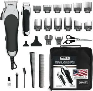 _Mega Brand Clipper USA Deluxe Corded Chrome Pro, Complete Hair and Trimming Kit, Includes Corded Clipper, Cordless Battery Trimmer, and Styling Shears, for a Cut Every Time - Model 79524-5201M
