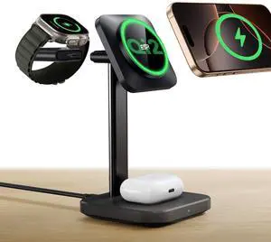 _Mega Brand Qi2 3 in 1 Wireless Charging Station, Apple Watch Charger & 15W Qi2 MagSafe Charger Stand for iPhone, Wireless Charger for Multiple Devices iPhone 16/15/14/13&Watch&AirPods,Black