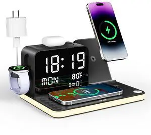 _Mega Brand Wireless Charging Station: Charger Stand for Multiple Devices for Apple - iPhone 16 15 14 13 12 Pro Max Apple Watch Airpods, Wireless Charger iPhone Charging Station with Bluetooth TimeSyn