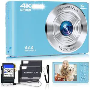 _Mega Brand Digital Camera for Teens, FHD 4K 44MP with 64GB SD Card, 16X Digital Zoom, Compact Point Shoot Camera Blue