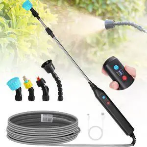 _Mega Brand  Battery Powered 33" Garden Sprayer Wand, 3 Adjustable Speeds, 4 Mist Nozzles, 10 FT Hose, Black, ABS Handle, Stainless Steel Tube, Lawn & Garden Sprayer