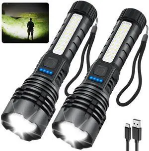 _Mega Brand Rechargeable, 7Mode Flashlights Rechargeable, Super Bright Flashlight, Adjustable Tactical Flash Light, High Powered Flash Light, LED Flashlight for Emergency Home 2Pack