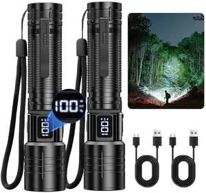 _Mega Brand Flashlight High Lumens Rechargeable Super Bright Flashlight Zoomable LED Flash Light with Dimmable, 6 Modes Waterproof Handheld Powerful Tactical Flashlights for Camping Emergency (2 Pack)
