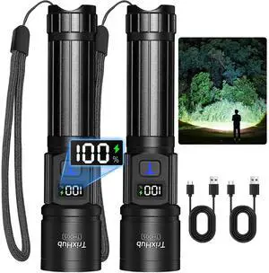 _Mega Brand Rechargeable Flashlights 2 Pack, Super Bright High Lumens Flash Light, 5 Modes Zoomable Linternas with LCD Digital Display, Powerful Handheld LED Flashlights for Emergencies Camping