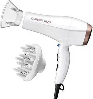 _Mega Brand Double Ceramic Hair Dryer, 1875W Blow Dryer with Diffuser and Concentrator, Ionic Conditioning, 3 Heat & 2 Speed Settings, Amazon Exclusive, White