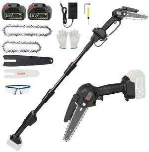 _Mega Brand2-in-1 Cordless Pole Saw for Tree Trimming, Electric Mini Chainsaw Length Adjustable with 4in & 6in Chains, Lightweight Pole Saw for Tree Branches Wood Cutting, Battery and Charger Included