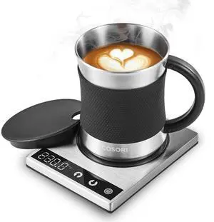 _Mega Brand Coffee Mug Warmer & Mug Set for Desk, Cup Heater, Office & Christmas Gifts, 1°F Precise Temperature Control, Touch Tech & LCD Digital Display (77-194), 304 Stainless Steel, Silver/Black