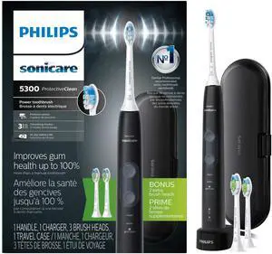 _Mega Brand  ProtectiveClean 5300 Rechargeable Electric Toothbrush, with Pressure Sensor, 3 Cleaning Modes, SmarTimer and QuadPacer, with 2 Bonus Brush Heads, Travel Case, Black, Model HX6423/34