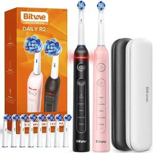 _Mega Brand Rotating Electric Toothbrush 2 Packs for Adults with Pressure Sensor, Gifts for Men/Women, 5 Modes Rechargeable Power Toothbrush with 8 Brush Heads, Black & Pink, R2
