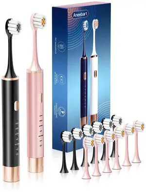 _Mega Brand Black & Pink Electric Toothbrush for Adults, 2 Pack ToothbrushUSB Rechargeable Sonic Toothbrush with 12 Brush Heads, Smart Timer, 6 Modes, 2-Hour Fast Charge Last 30 Days