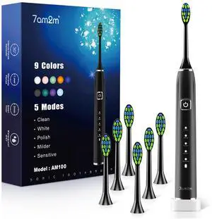 _Mega Brand Sonic Electric Toothbrush with 6 Brush Heads for Adults&Kids, One Charge for 120 Days, Wireless Fast Charge, 5 Modes, 40000VPM Powered Toothbrush, 2 Minutes Built in Smart Timer (Black)