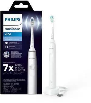 _Mega Brand 4100 Rechargeable Electric Toothbrush, with Pressure Sensor, 2 Intensity Settings, SmarTimer and QuadPacer, 14-Day Battery Life, White, Model HX3681/23