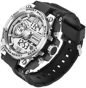 _Mega Brand Men's Watches Sports Outdoor Waterproof Military Watch Date Multi Function Tactics LED Face Alarm Stopwatch for Men (6092_Silver)