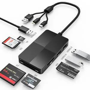 _Mega Brand Memory Stick Pro Duo Reader Adapter, 8 in 1 SD/MS/TF/CF/XD Card Reader with 3 USB 2.0 Ports, Lightning+USB A+USB C, Multi Memory Card Reader Support OTG, Fast Data Transfer