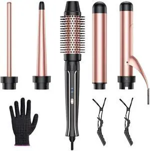 _Mega Brand 5 in 1 Curling Iron Set-Instant Heat Hair Curling Wand Set with Curling Brush,4 Interchangeable Ceramic Wands (0.35-1.25) and Heat Protective Glove & 2 Clips for Girls and Women