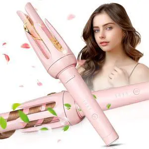 _Mega Brand Auto Hair Curler, Automatic Curling Iron with 4 Temperature & 3 Timer, Automatic Shut-Off, Anti-Scald, Anti-Tangle Rotating Curling Wand for Hair Styling, Pink