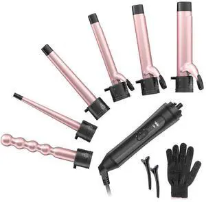 _Mega Brand  Curling Iron, Professional Instant Heat Up Hair Curling Wand Set with 6 Interchangeable Ceramic Barrels (0.35'' to 1.25'') and 2 Temperature Adjustments, Heat Protective Glove & 2 Clips