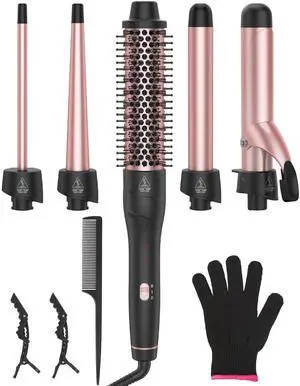 _Mega Brand  5 in 1 Curling Iron Set, Fast Heat Up Curling Wand from 3/8 to 1 1/4 Inch and a Thermal Brush Come with, Dual Voltage Hair Curler for Women All Hair Types and Travel Use, Gifts for Women