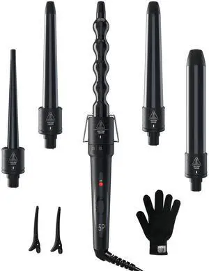 _Mega Brand 5 in 1 Curling Wand Set: Curling Iron Wand 5Pcs 0.35 to 1.25 Inch Interchangeable Ceramic Barrel Heat Protective Glove 2 Clips Dual Voltage Hair Curler for Girls Women Mother Gift