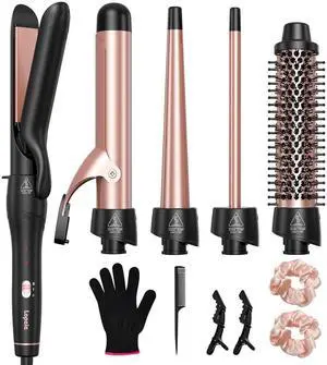 _Mega Brand 5 in 1 Curling Iron with Thermal Brush and 4 Interchangeable Ceramic Barrels(1/2 to 1 1/2 inch), Curling Wand Set with Flat Iron, Fast Heating, Dual Voltage Hair Curler, Gifts for Women