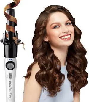 _Mega Brand  Automatic Rotating Curling Iron, Ceramic Ionic Technology, Tangle Prevention, 2-Way Rotation, Dual Heat Settings up to 420°F, 1 Curling Wand, 2-Year Warranty - Black & White