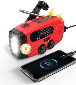 _Mega Brand Hand Crank Emergency Radio - 2000mAh/7400mWh AM/FM/NOAA Solar Hand Crank Emergency Radio with 3 LED Flashlights, SOS Function for Emergencies, Camping - Red