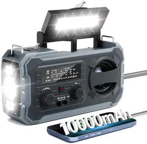 _Mega BrandHand Crank Emergency Radio, 10000mAh Weather Radio with AM/FM/NOAA, Solar Prower, SOS Alarm, Phone Charging, LED Flashlight, Portable Survival Gear for Outdoor & Home Emergencies Kits, Grey