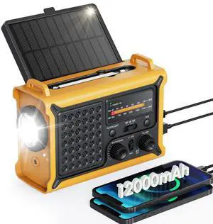 _Mega Brand Radio with Large Solar Panel, Efficient Hand Crank & Real 12000mAh Battery | AM/FM/NOAA Bands, LED Flashlight, Reading Lamp, SOS Alarm & Phone Charger for Camping, Blackout, Survival