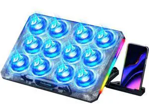 _Mega BrandLaptop Cooling Pad with 12 Quiet Fans, Slim Portable for 12-17.3 Inch Laptop Cooler Stand with 5 Height Adjustable, Ergonomic Gaming Cooling Fan Pad with Two USB Ports & Phone Holder (Gear)
