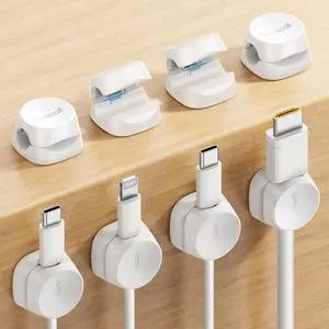 _Mega Brand Spring Cable Management Clips - _Mega Brand Desk Cord Holder, Adhesive Cute Round Cable Clip, Phone Charger Wire Organizer Keeper for Nightstand Car Office Accessory, White