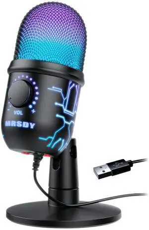 _Mega BrandGaming Microphone, USB Computer Microphone for PC, Mac, PS4/5, Condenser Podcast Mic for Studio Recording, YouTube, Streaming, with Headphone Jack, Led Light, Mute, Gain, Noise Cancellation