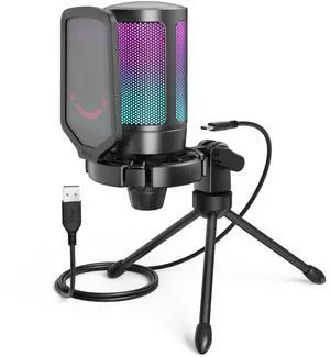 _Mega Brand Gaming USB Microphone for PC PS5, Condenser Mic with Quick Mute, RGB Indicator, Tripod Stand, Pop Filter, Shock Mount, Gain Control for Streaming Discord Twitch Podcasts Videos- AmpliGame