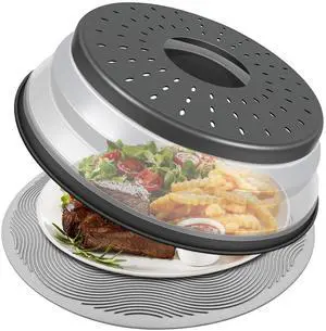 _Mega Brand 10 Inch Microwave Food Cover & Collapsible Silicone Mat - Splatter Guard, Plate Holder & Kitchen Colander for Meal Prep, Charcoal
