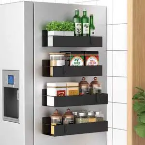 _Mega Brand Metal 4 Pack Magnetic Spice Storage Rack Organizer for Refrigerator and Oven, Black Fridge Organizers and Storage