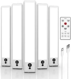 _Mega Brand 5 Pack Under Cabinet Lighting, Rechargeable Motion Sensor Light, LED Closet Lights Wireless, 5700K Dimmable, Timer, Magnetic, with Remote Control for Kitchen, Closet, Stair