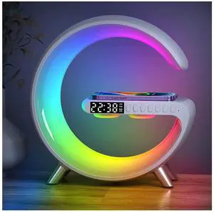 _Mega Brand Smart LED Table Lamp, 4-in-1 Wireless Charger, Night Light, Alarm Clock, and Bluetooth Speaker with App Control for Bedroom, Office, and Home Decor (White)