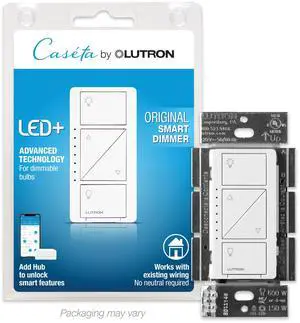 _Mega Brand Caseta Original Smart Dimmer Switch , for LED Lights, 150 Watt, Single-Pole/3-Way, No Neutral Required, PD-6WCL-WH, White