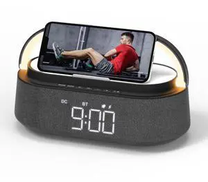 _Mega Brand Bluetooth Speaker with Fast Wireless Charger,FM Radio,Touch LED Night Light,Phone Holder,Snooze, Portable Wireless Speaker for Bedrooms Office Home, Gifts (Black)