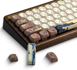 _Mega Brand XVX MOA Profile Japanese Fuji Mountain Theme PBT Keycaps Set, 140-Key Coffee & Cream Custom Keycaps for US Layout Mechanical Keyboards (Brown/Beige Design with Key Puller)