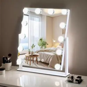 _Mega Brand Vanity Mirror with Lights, 13'' x 11'' Lighted Makeup Mirror for Desk, Hollywood Mirror with 12 Dimmable Bulbs, 3 Color Modes, Smart Touch Control, 360°Rotation