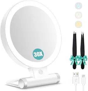 _Mega Brand Magnifying Mirror with Light 30X, Double-Sided 1X/ 30X Magnifying Makeup Mirror with Tweezer, 2000mAh 3 Colour Modes with Adjustable Brightness,Foldable Travel Mirror(9" L x 7" W)
